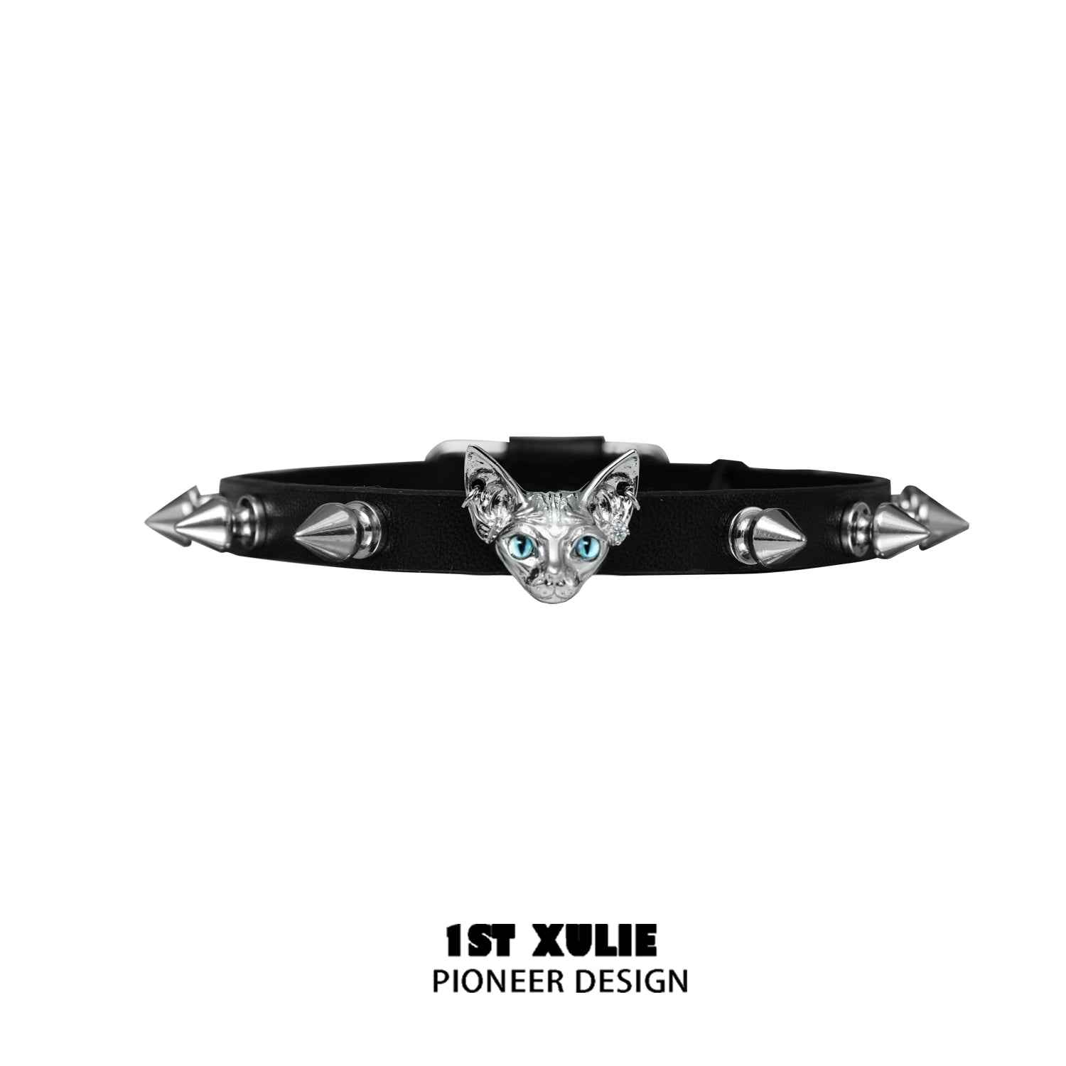 Punk cat studded choker with a silver cat head and spikes for edgy fashion lovers