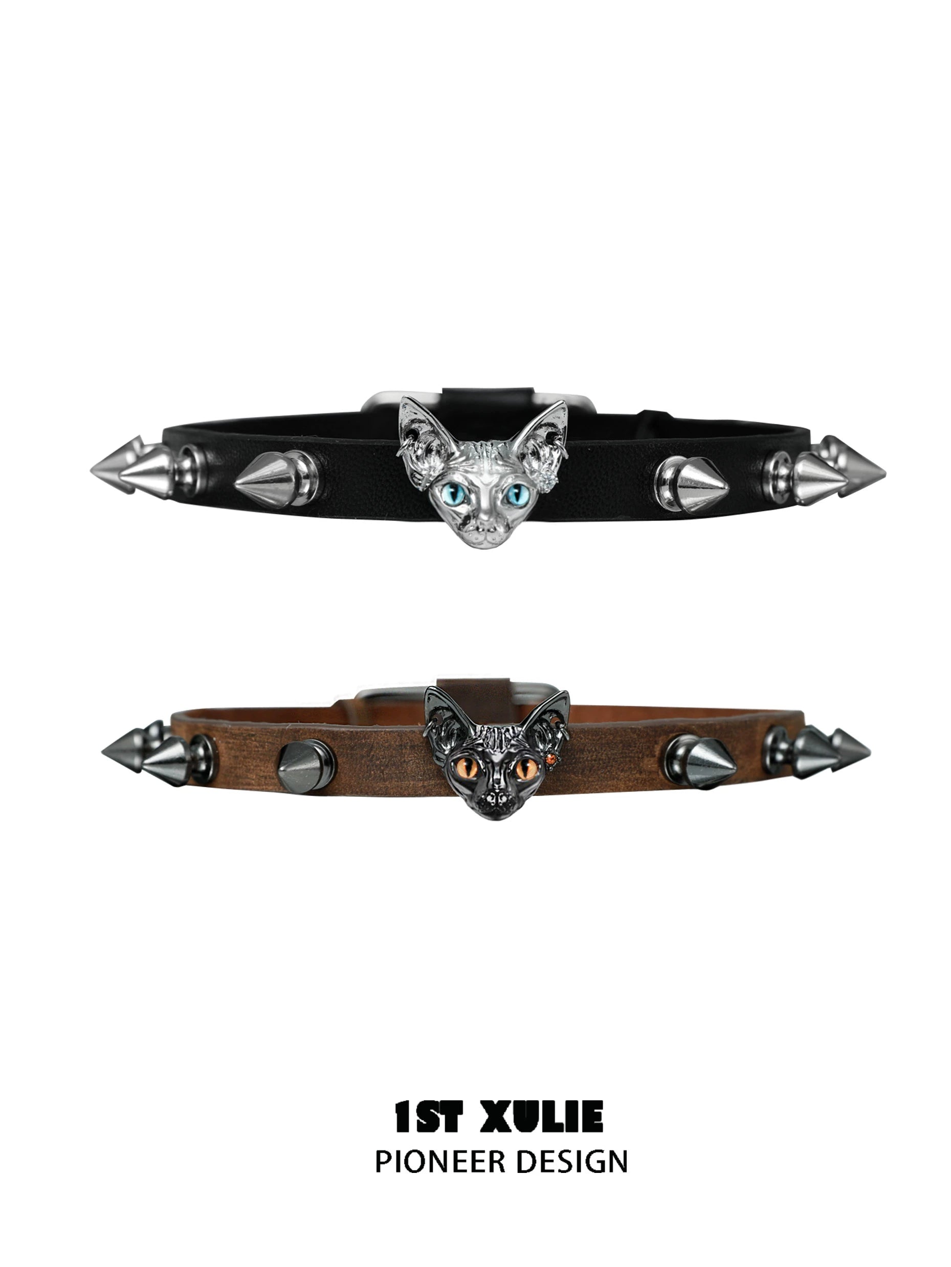 Punk cat studded choker featuring a silver cat head and spikes for a bold fashion statement