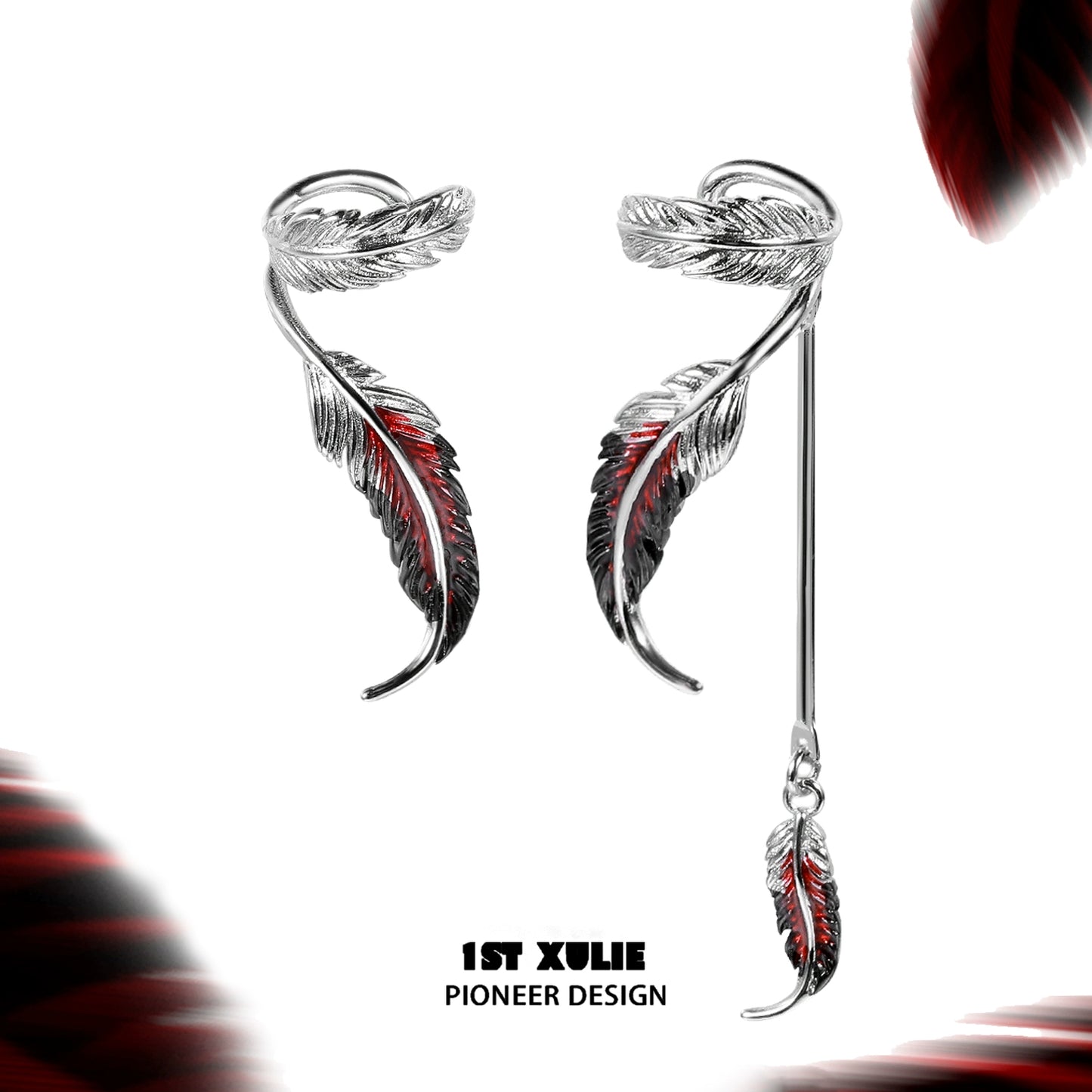 Stylish red crane feather ear cuffs by 1STXULIE featuring detailed silver and red design