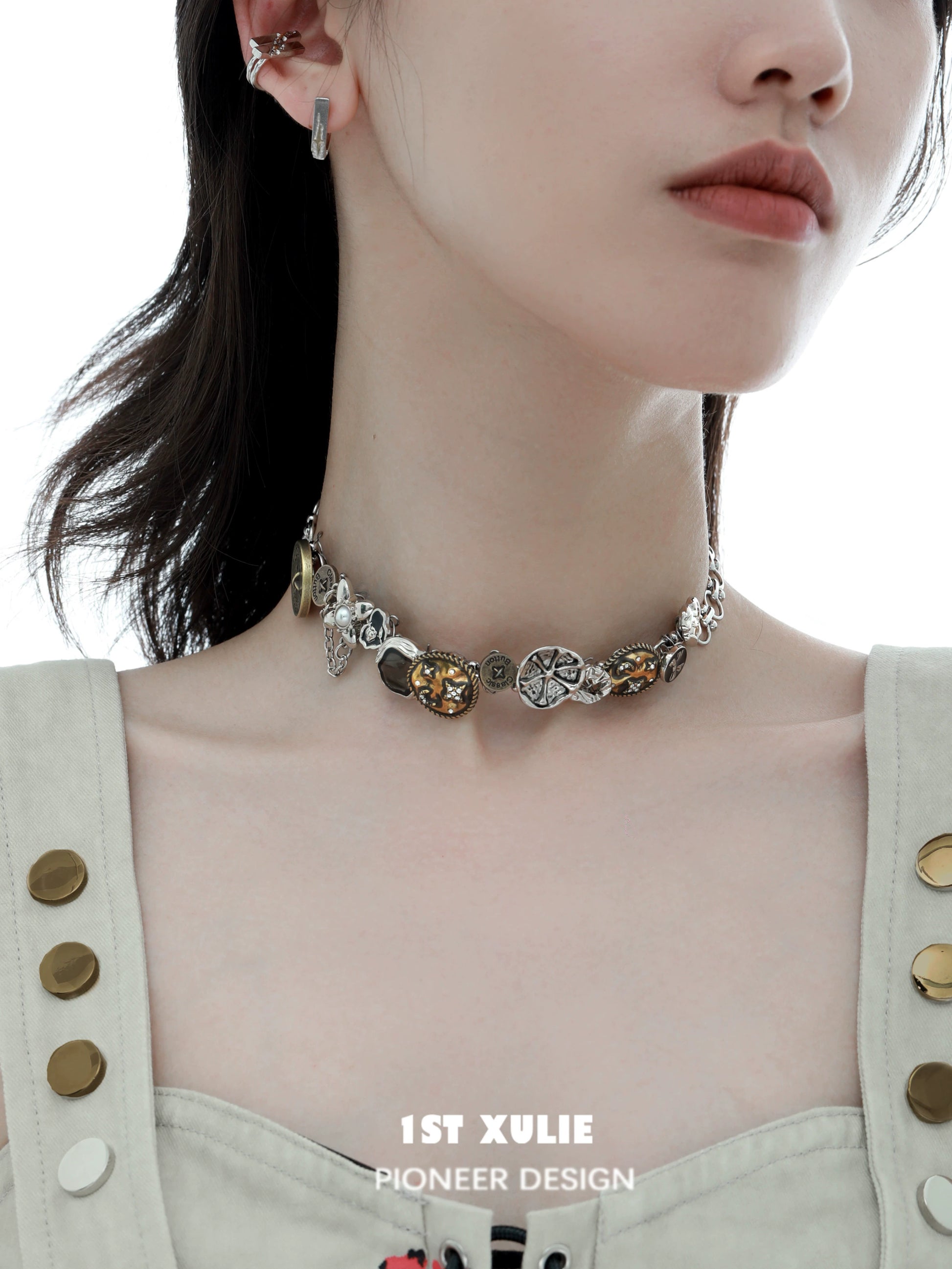 Stylish retro button necklace featuring intricate designs for a unique fashion statement