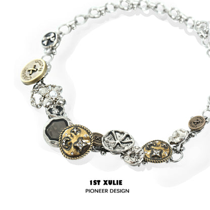Stylish retro button necklace featuring mixed metal buttons and sparkling accents by 1STXULIE