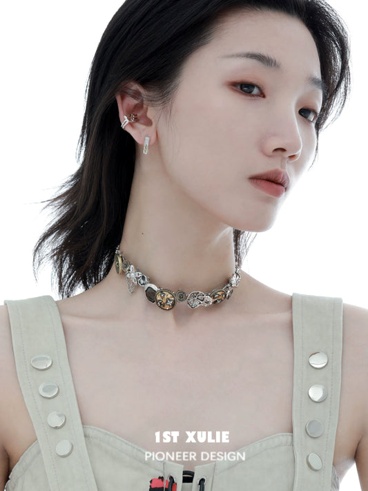 Model showcasing a unique retro button necklace from 1STXULIE, highlighting intricate design elements