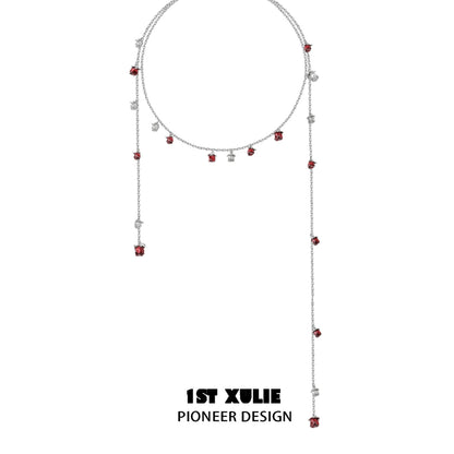 Rose kiss clavicle chain necklace by 1ST XULIE with sparkling red and silver accents, perfect for elegant occasions