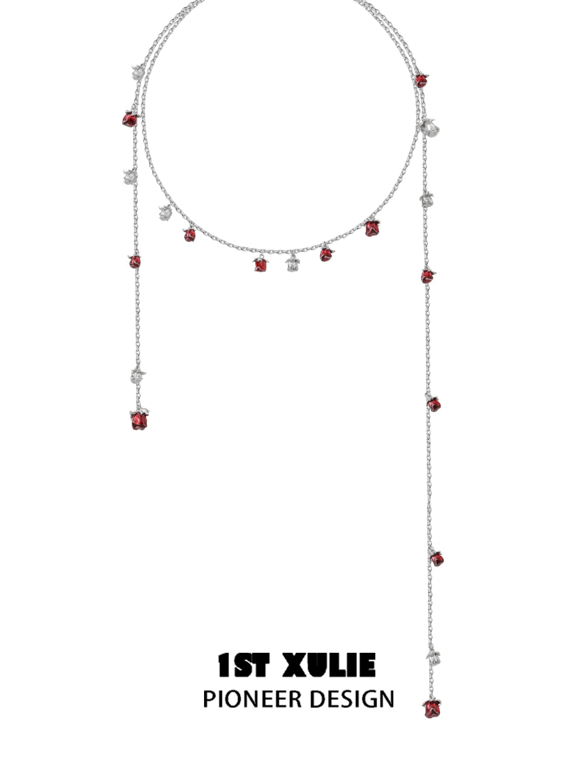 Rose kiss clavicle chain necklace by 1STXULIE with stylish dangling red and silver accents