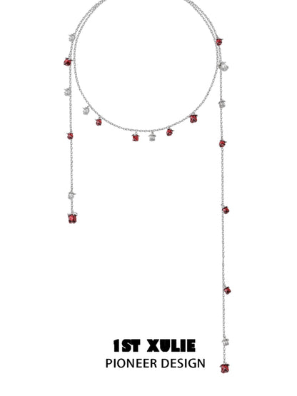 Rose kiss clavicle chain necklace by 1STXULIE with stylish dangling red and silver accents
