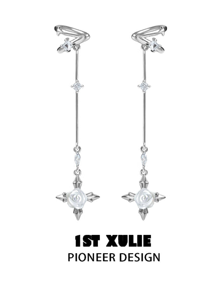 Elegant silver rose tassel earrings with decorative crystals by 1ST XULIE for a stylish look