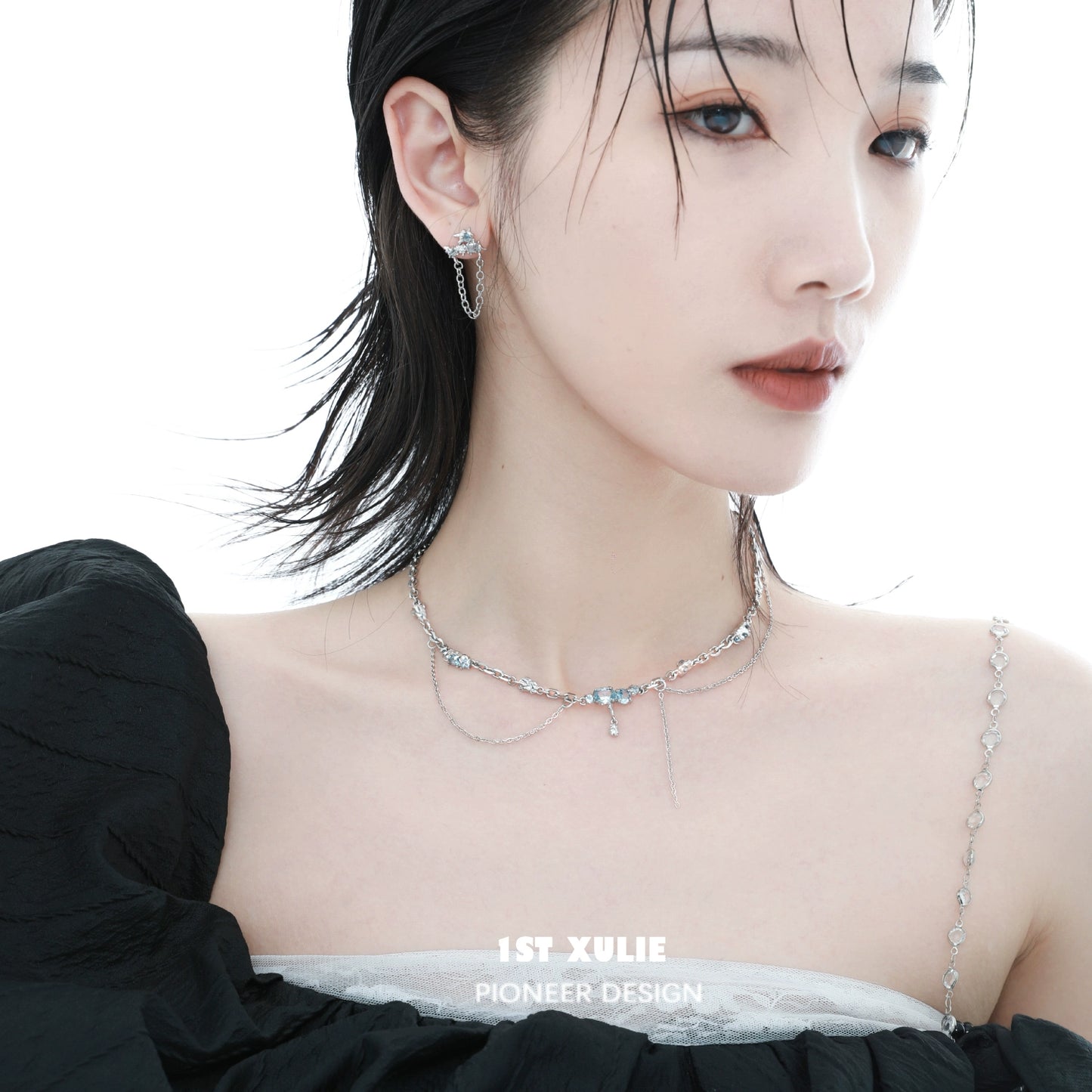 Elegant model wearing a sea breeze zircon necklace paired with matching earrings for a stylish look