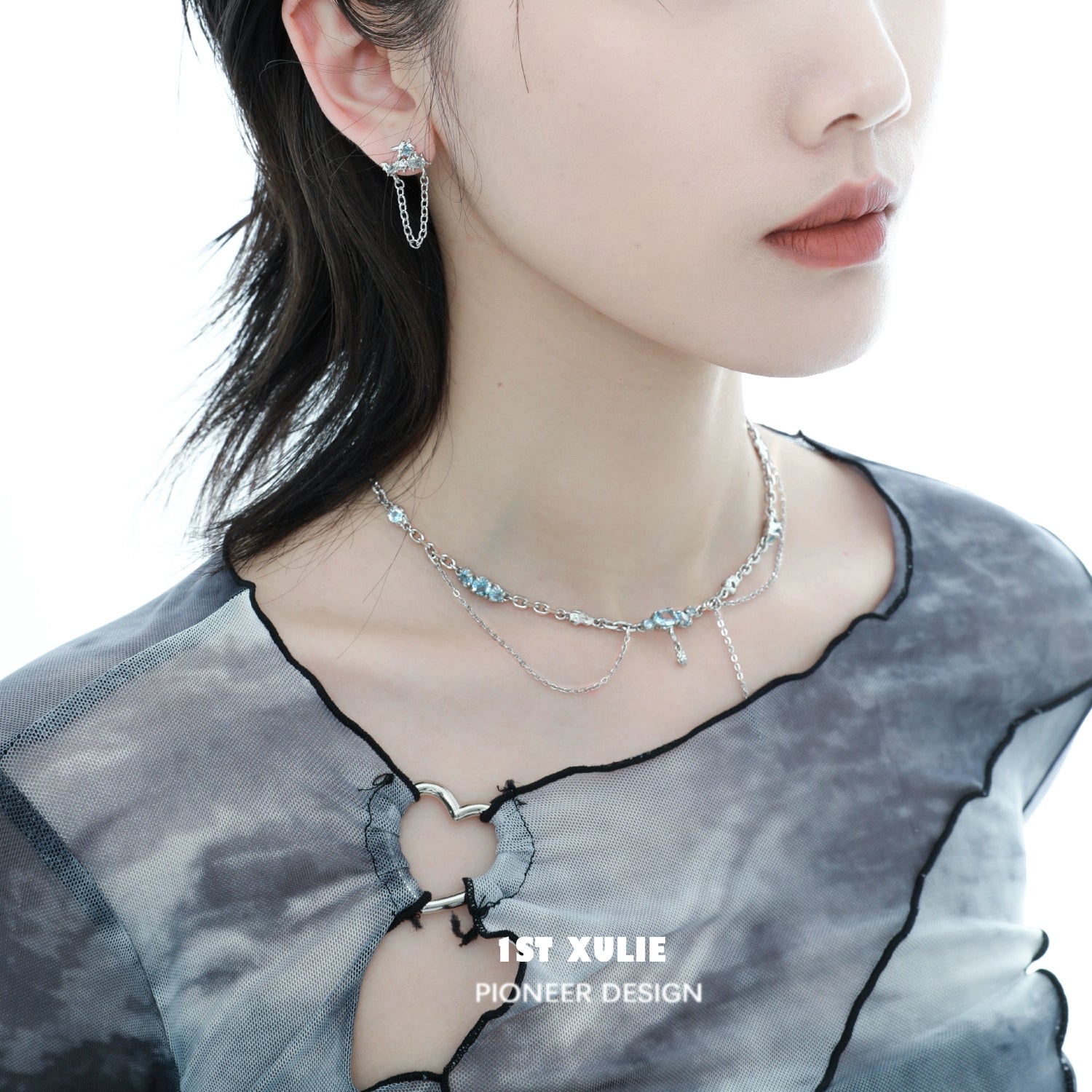 Elegant sea breeze zircon necklace layered with matching earrings for a stylish look
