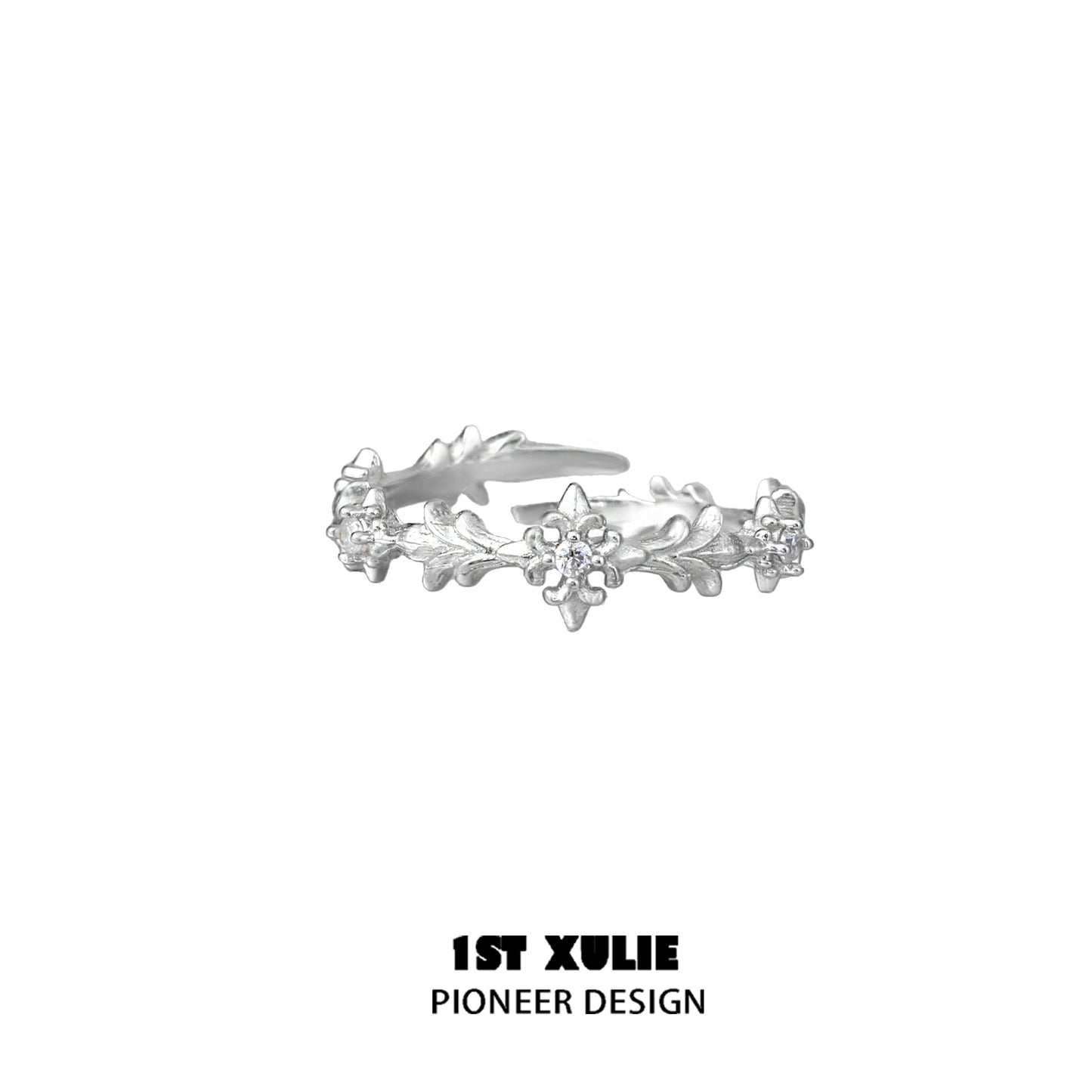 Elegant silver cross couple rings designed by 1STXULIE with floral patterns and sparkling details