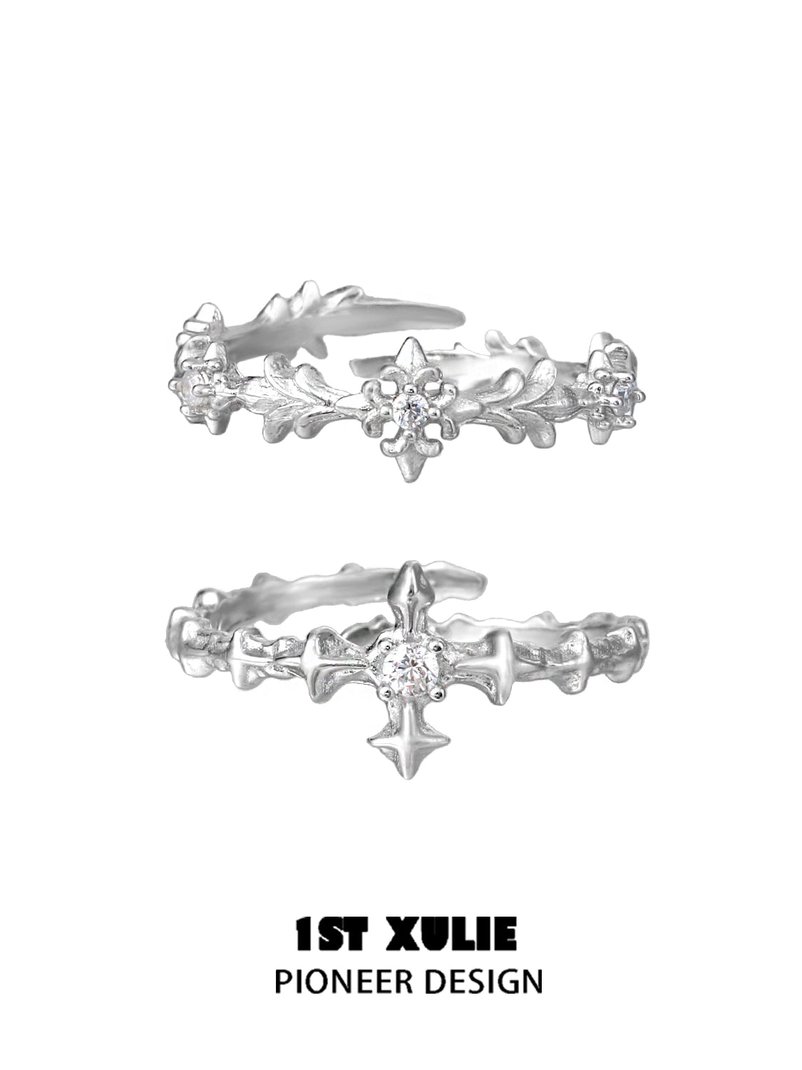 Stylish silver cross couple rings with floral designs and sparkling accents for romantic pairings