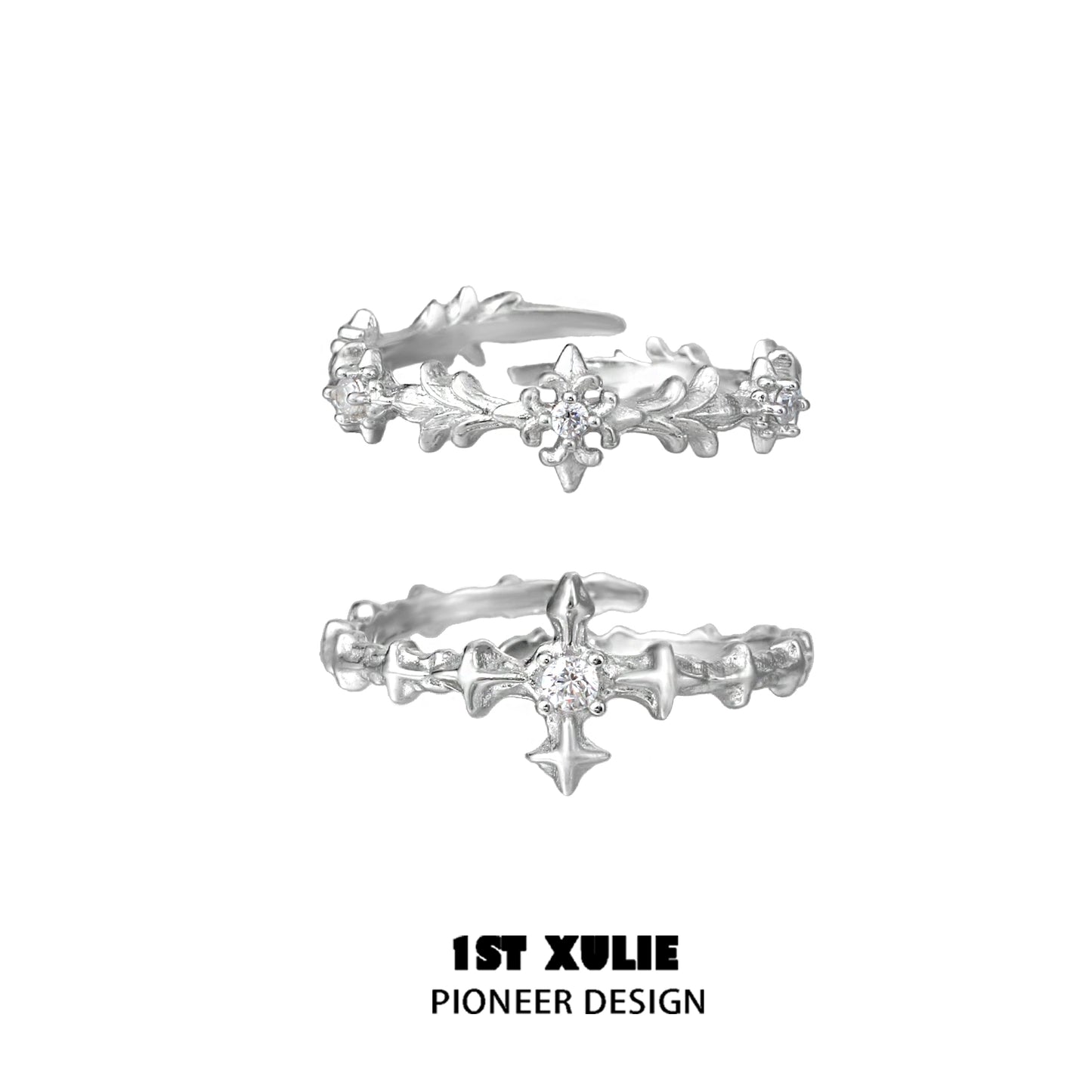 Elegant silver cross couple rings with intricate design and sparkling accents from 1STXULIE