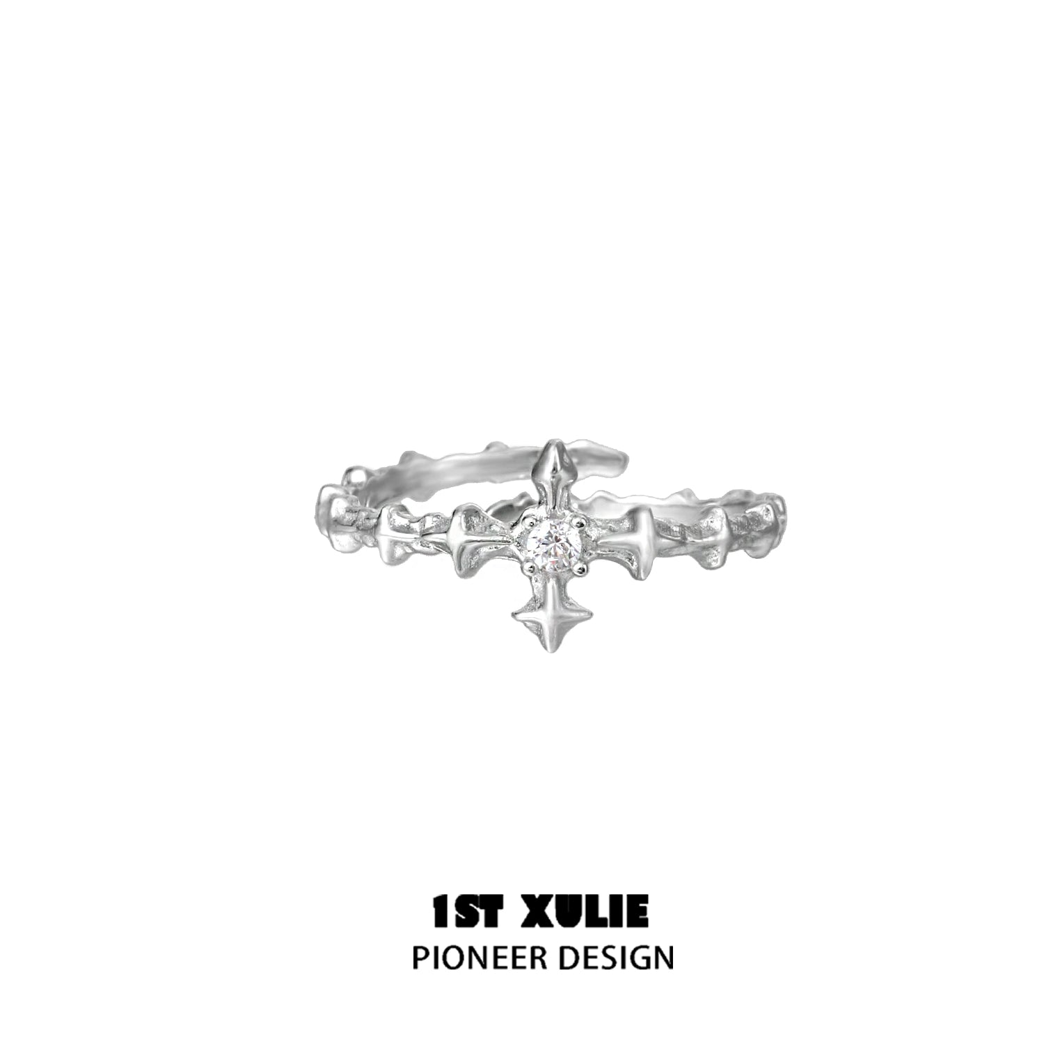 Elegant silver cross couple rings featuring a delicate design and sparkling center stone