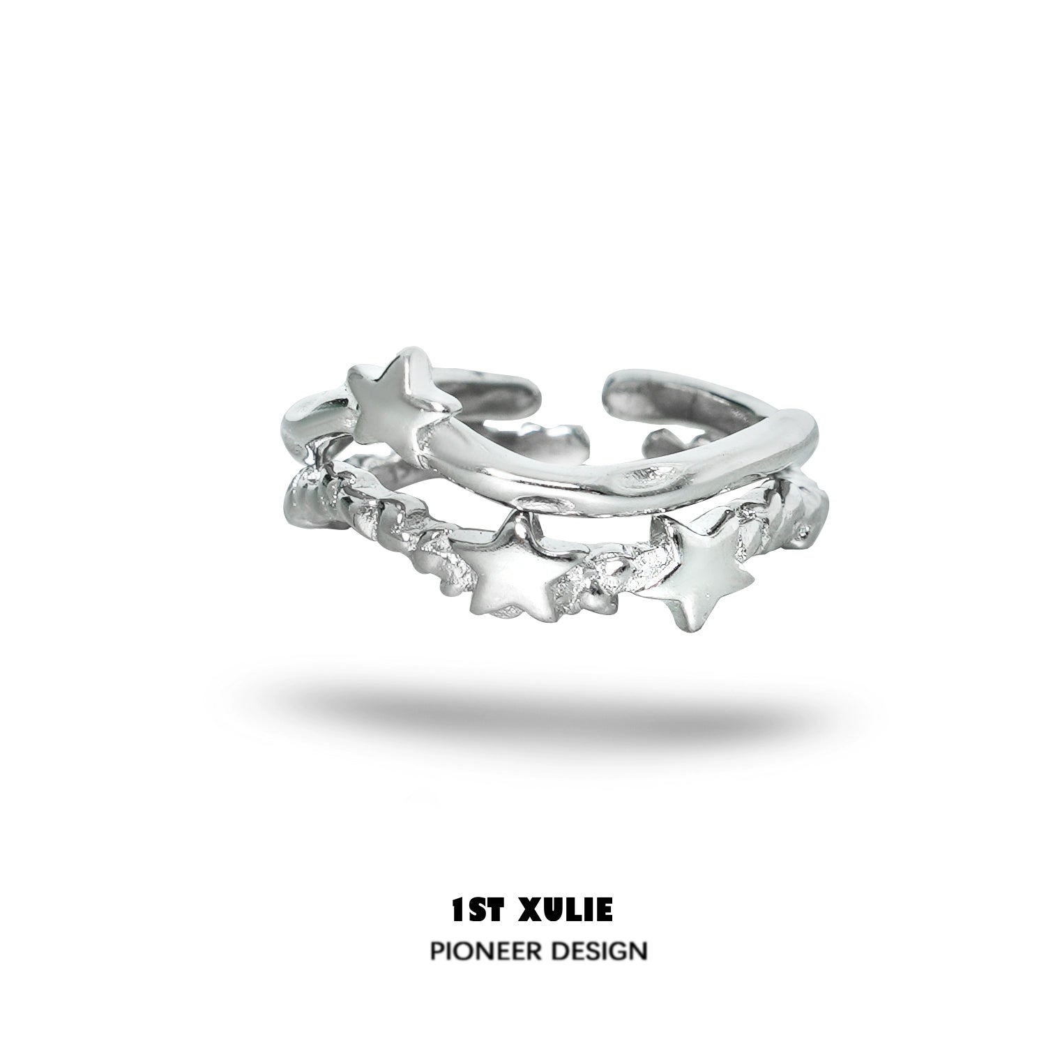 Silver star couple ring featuring a unique intertwined design with star accents