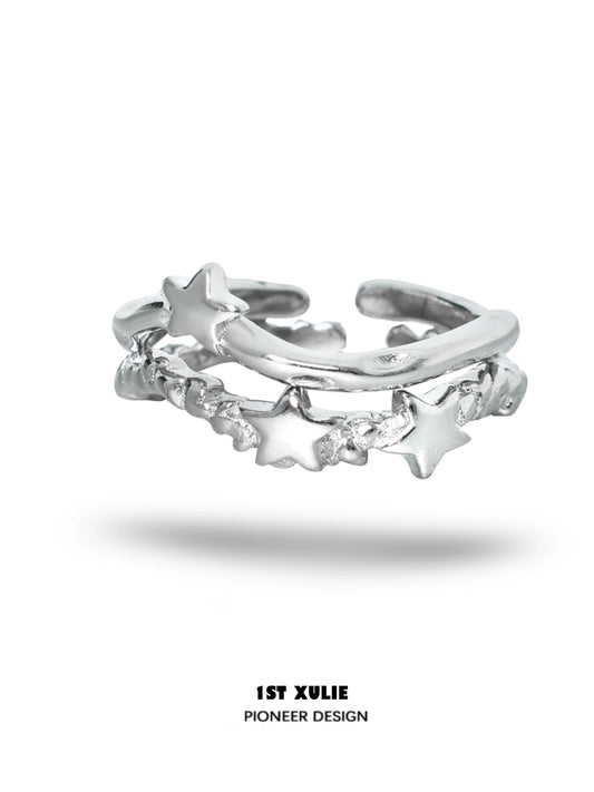 1STXULIE Silver Star Couple Ring Featuring Twisted Design and Star Accents