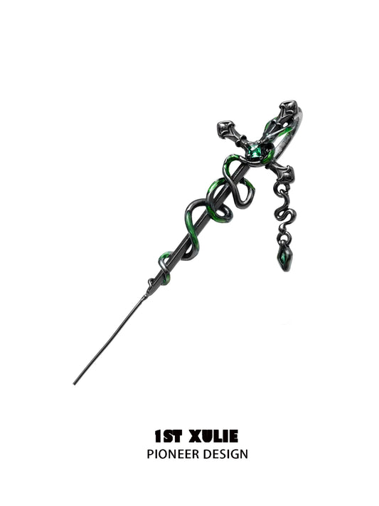 Slytherin cross piercing earring featuring a snake design with green and black colors