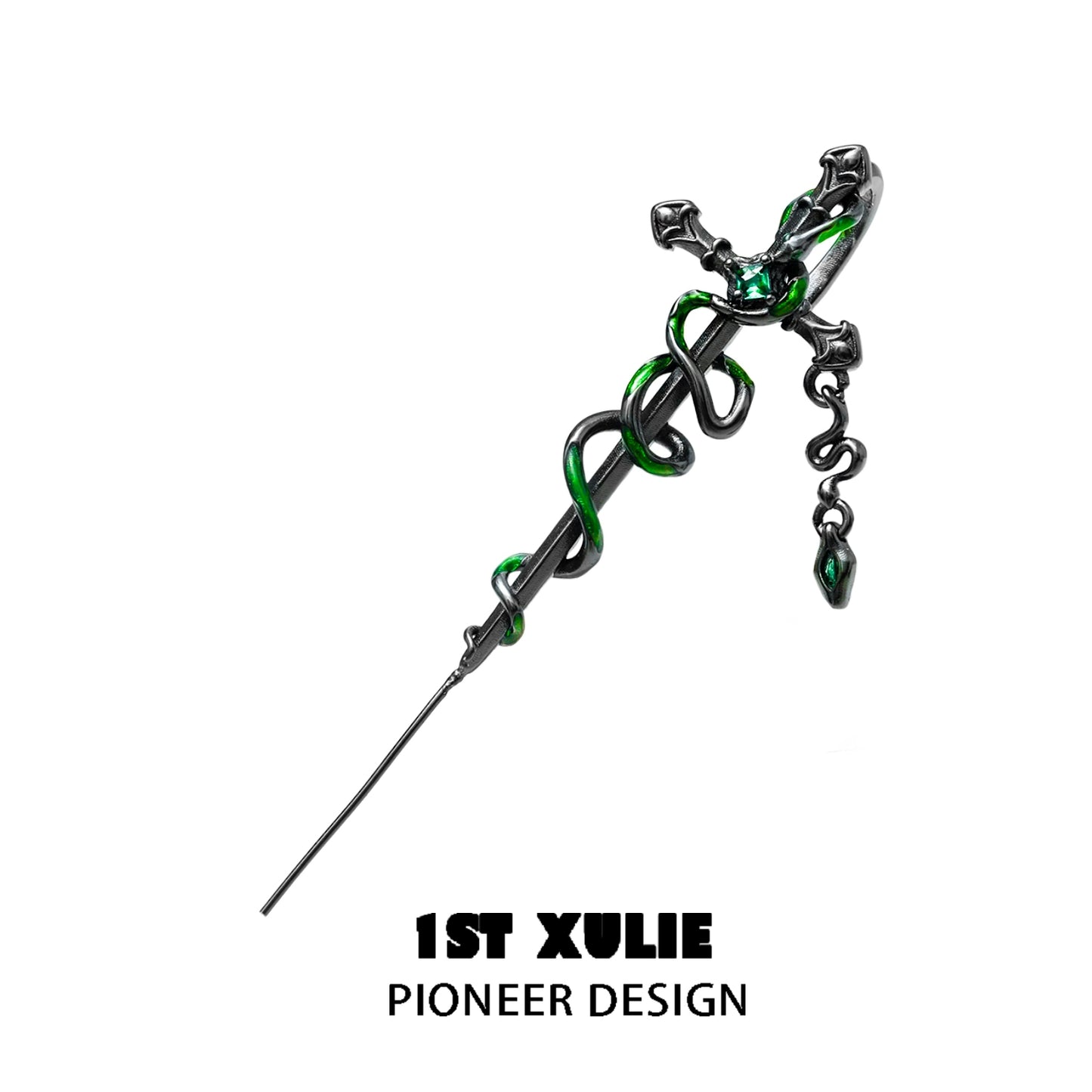 Slytherin cross piercing earring featuring a snake design with green details