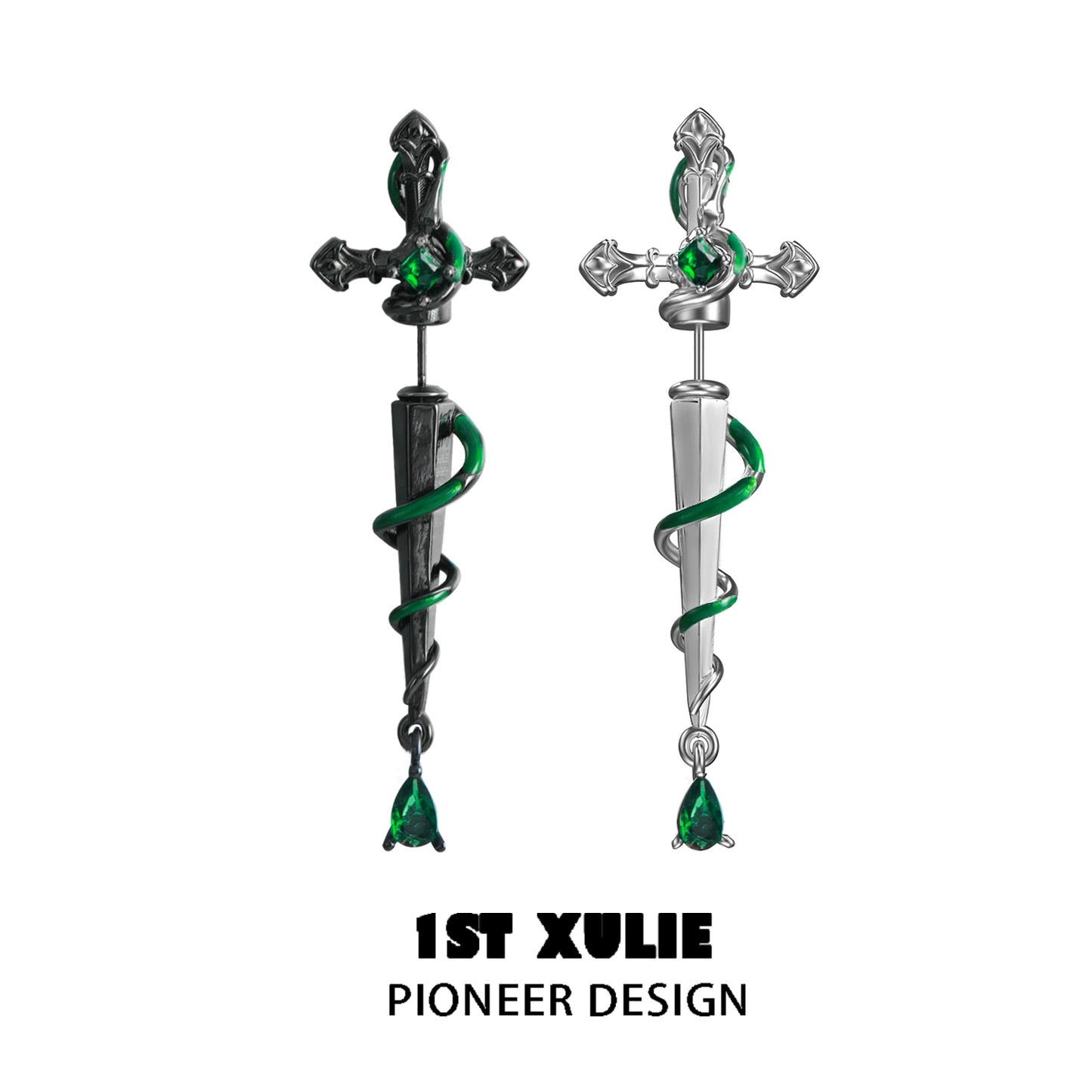 Slytherin inspired cross earrings with green accents and intricate design for stylish fans