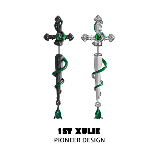 Slytherin inspired cross earrings featuring green accents and intricate snake design from 1STXULIE
