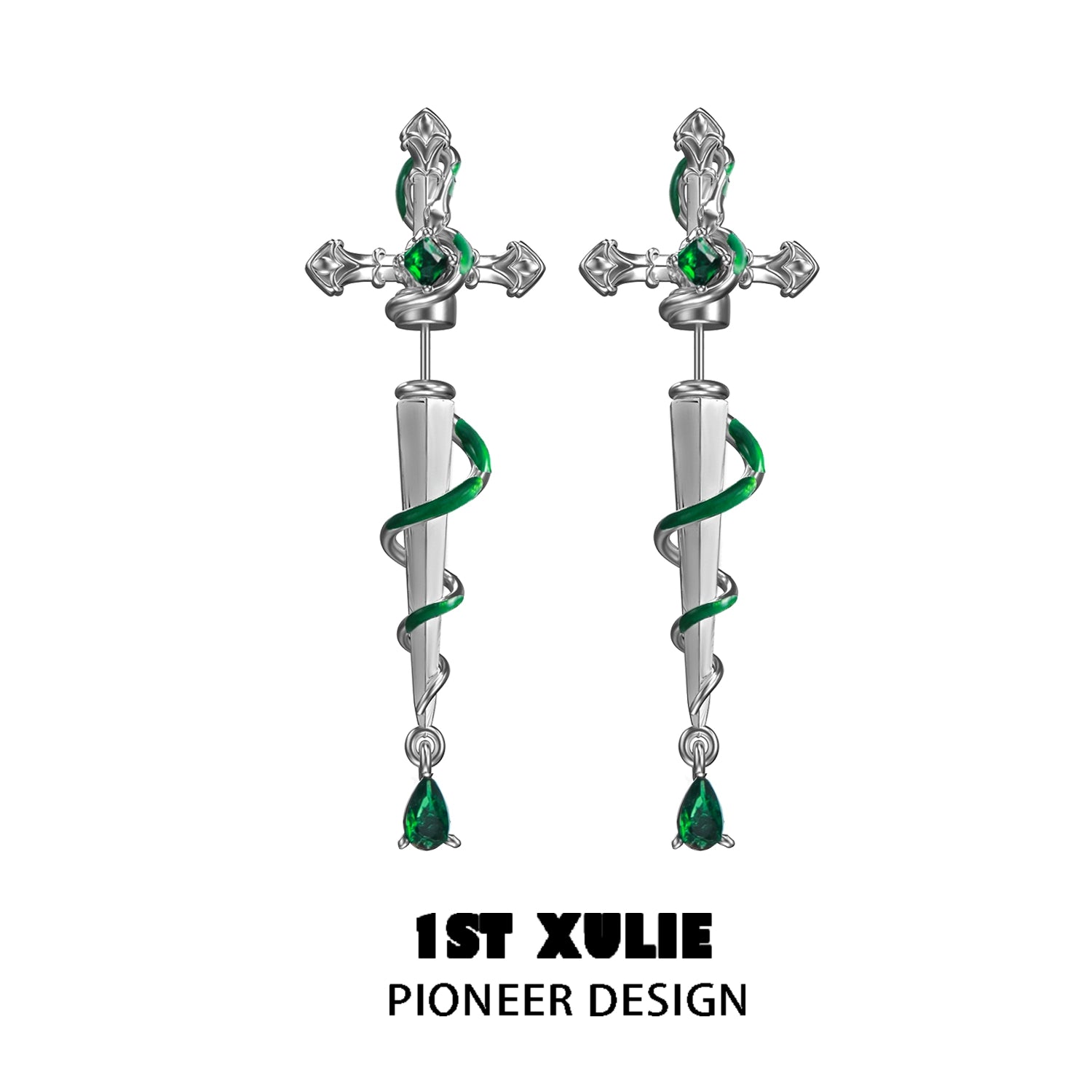 Slytherin inspired cross earrings with green gemstone accents and intricate design from 1ST XULIE
