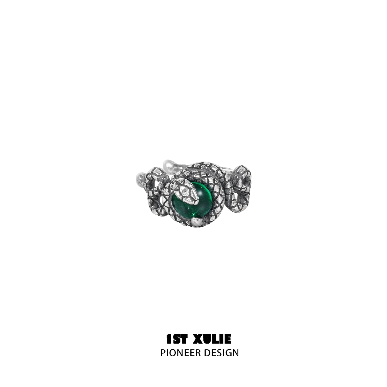 Detailed Slytherin snake ear cuff in silver with emerald green accents for stylish fans
