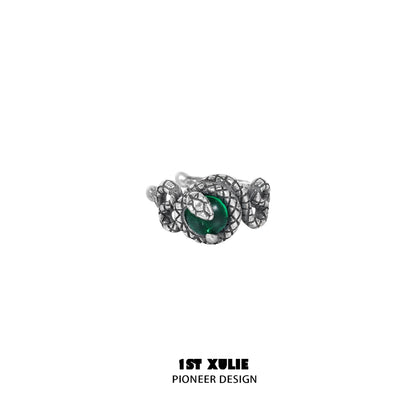 Detailed Slytherin snake ear cuff in silver with emerald green accents for stylish fans