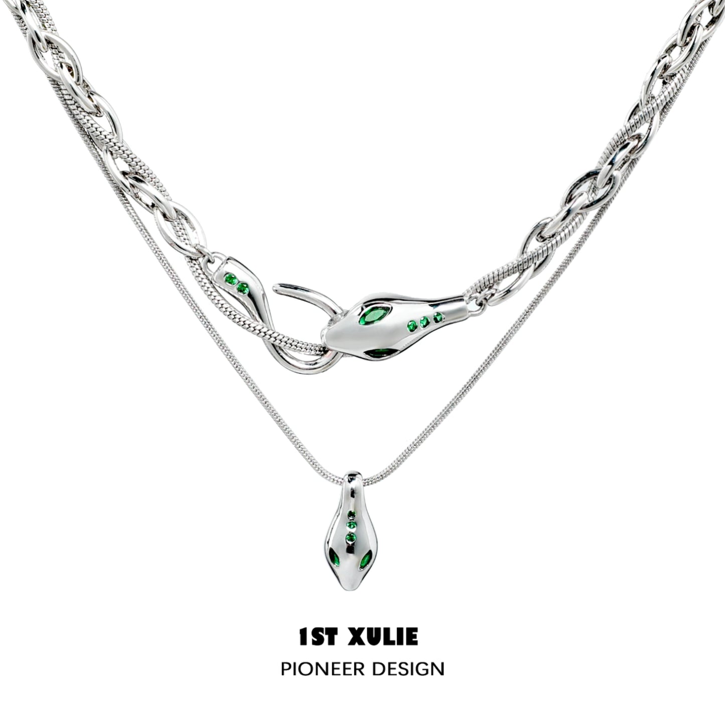 1ST XULIE Slytherin snake necklace in silver with green accents and a unique design