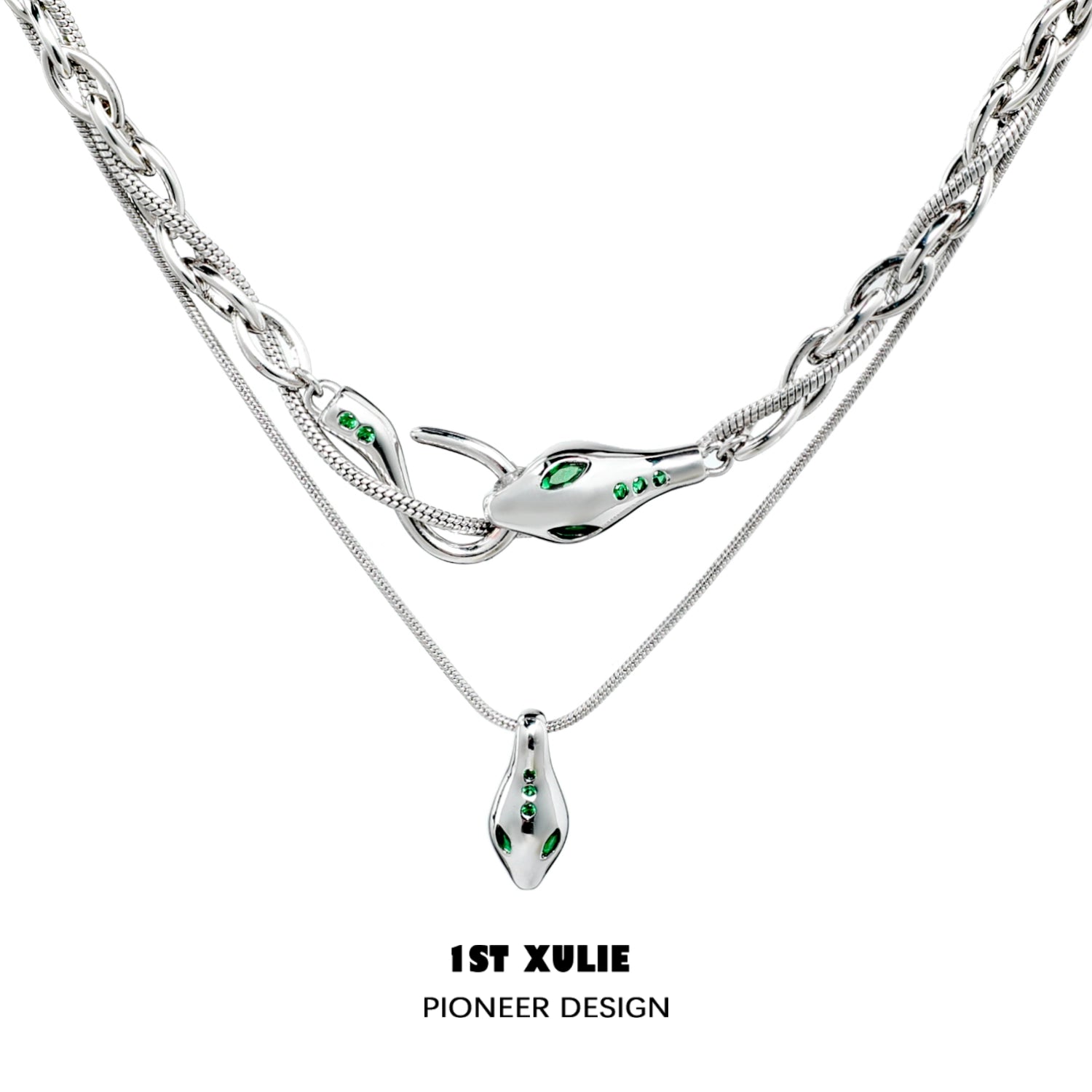 1ST XULIE Slytherin snake necklace in silver with green accents and a unique design