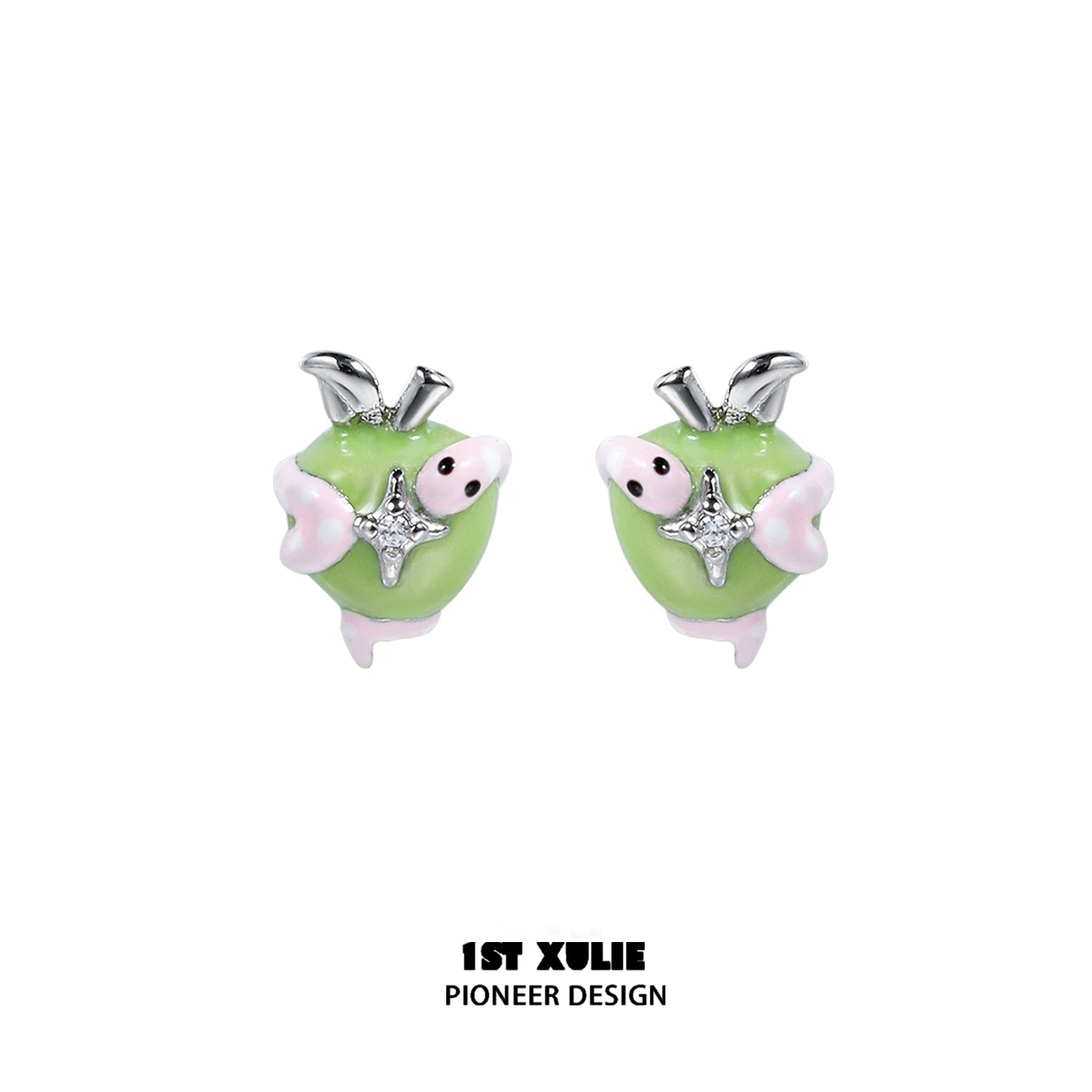 Cute snake apple earrings in green with sparkling accents, perfect for trendy accessories
