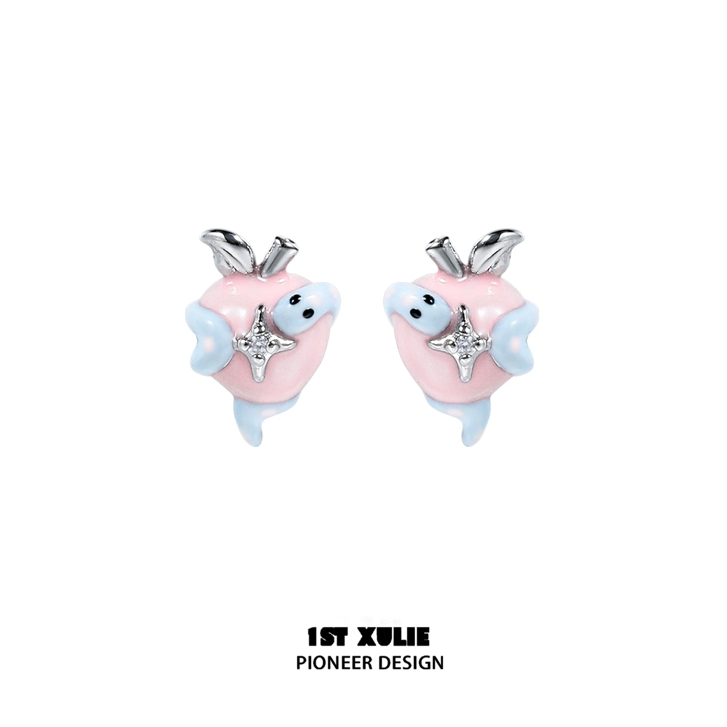 Cute snake apple earrings by 1ST XULIE featuring pastel colors and sparkling details