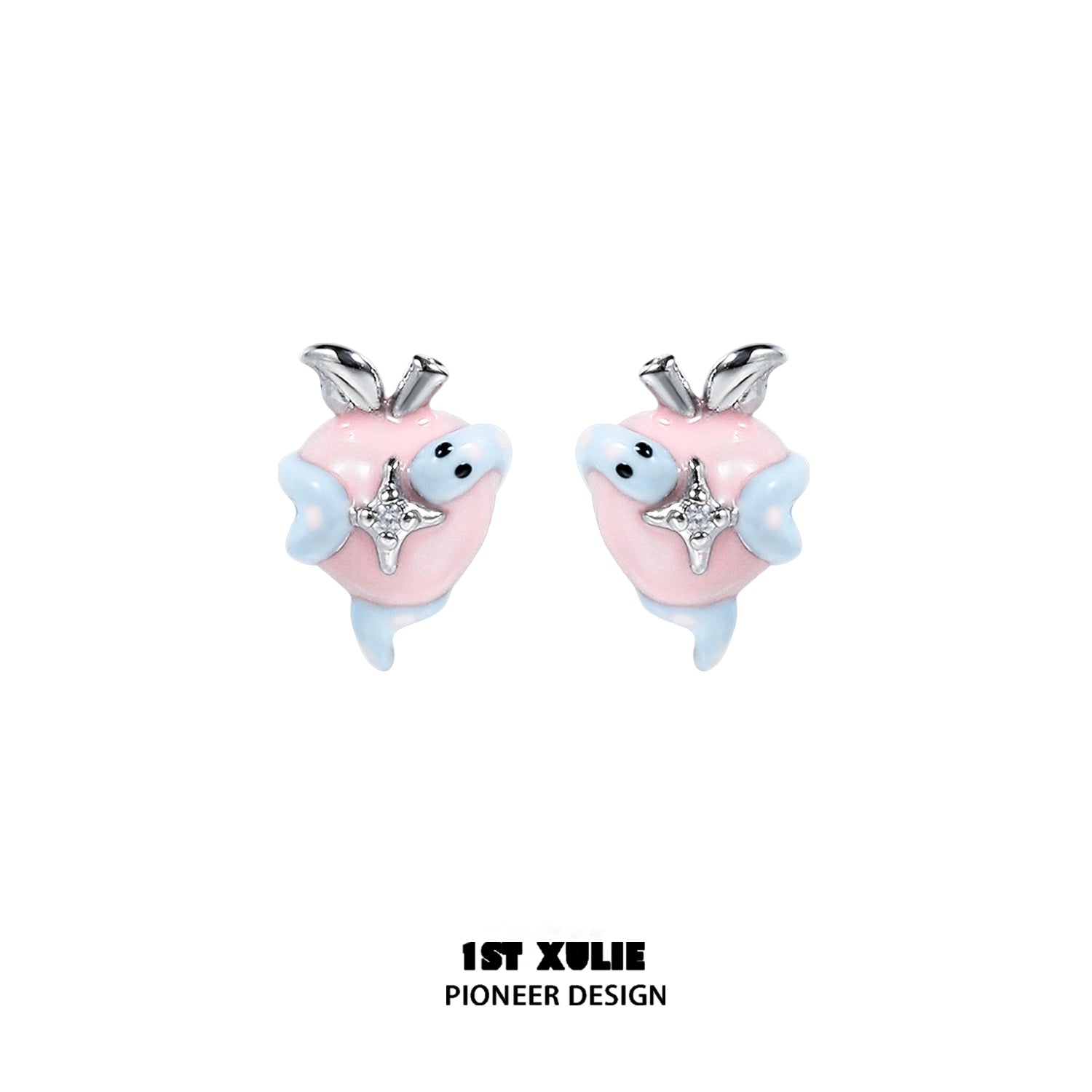 Cute snake apple earrings by 1ST XULIE featuring pastel colors and sparkling details