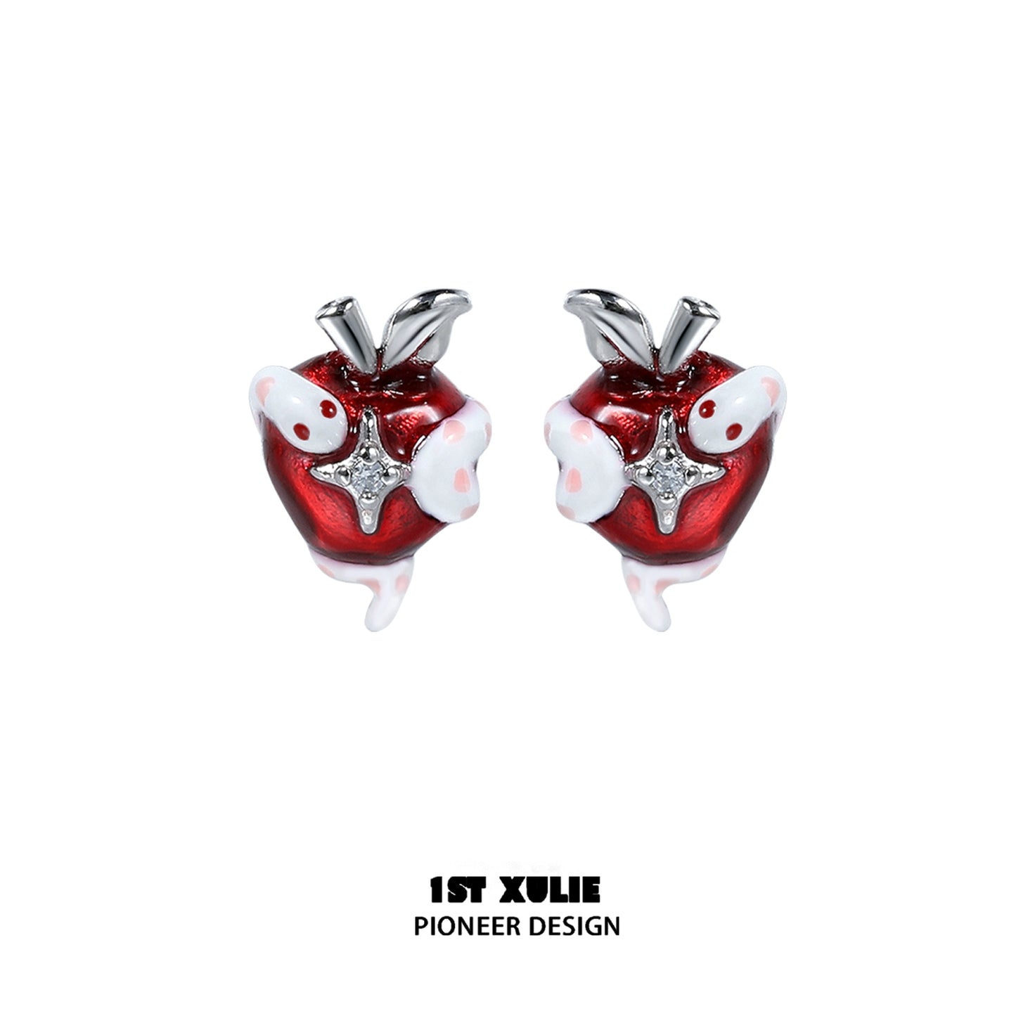 Colorful snake apple earrings featuring a shiny red apple design with white accents