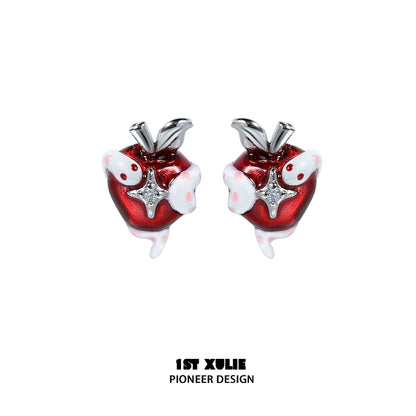 Colorful snake apple earrings featuring a shiny red apple design with white accents