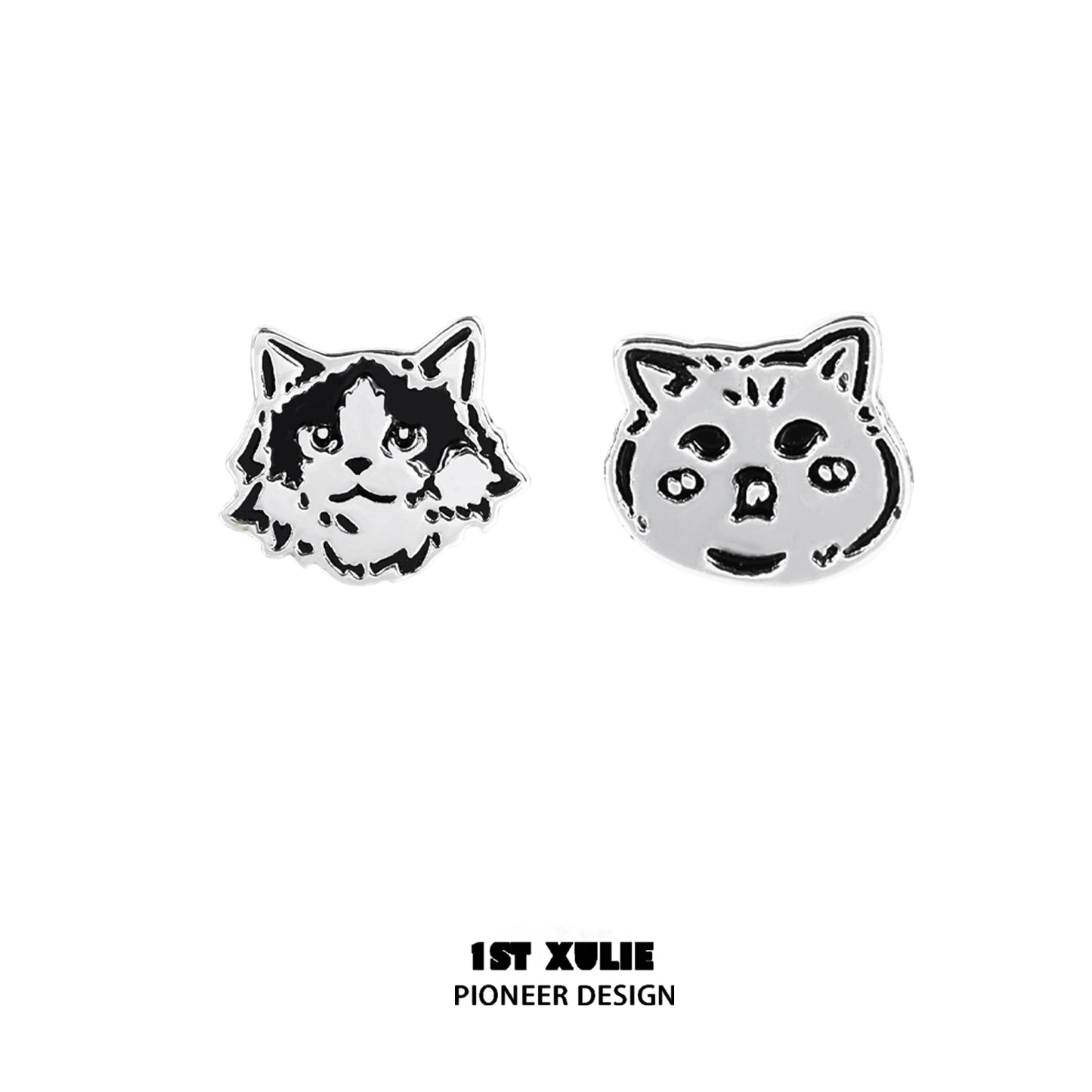 Unique street art cat earrings featuring playful cat designs in black and silver