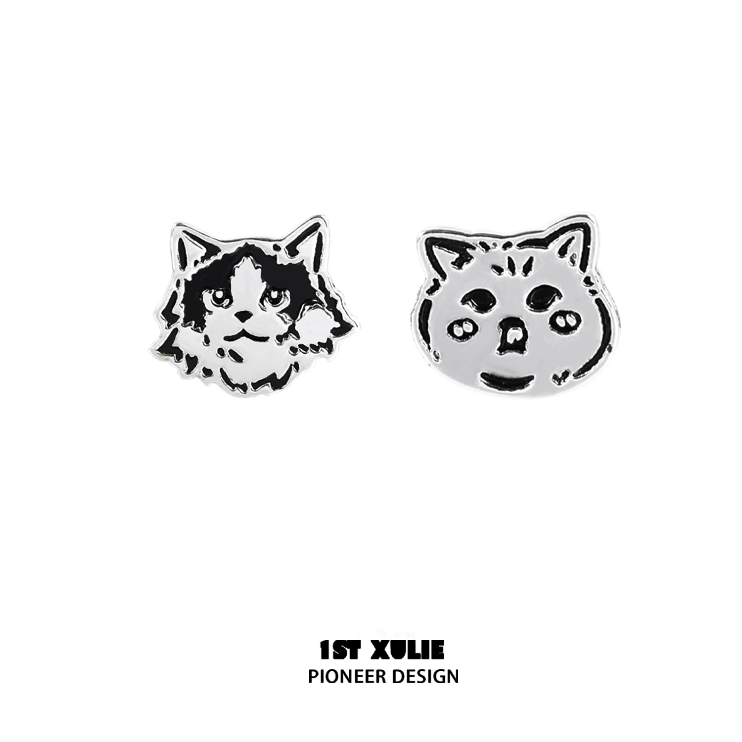 Unique street art cat earrings featuring playful cat designs in black and silver