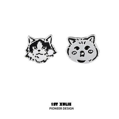 Unique street art cat earrings featuring playful cat designs in black and silver