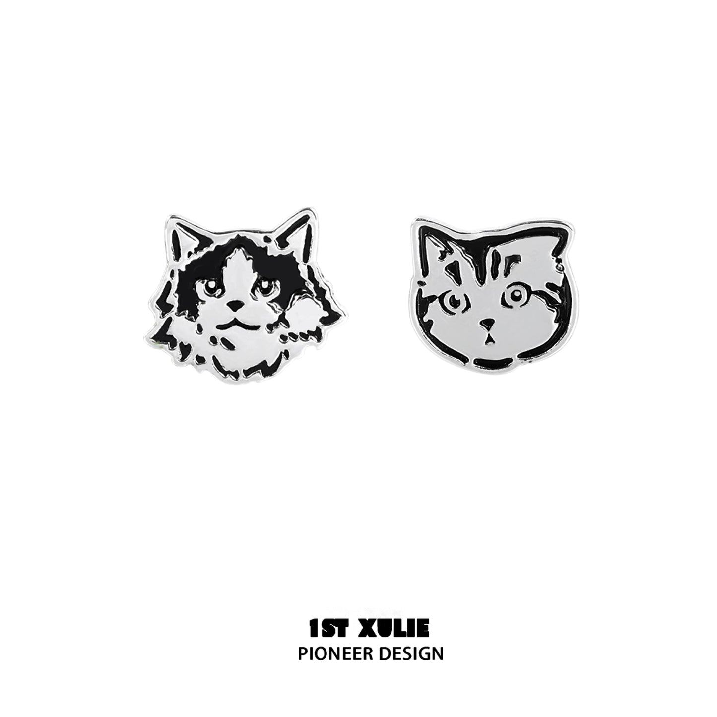 Stylish street art cat earrings featuring two unique cat designs in black and silver