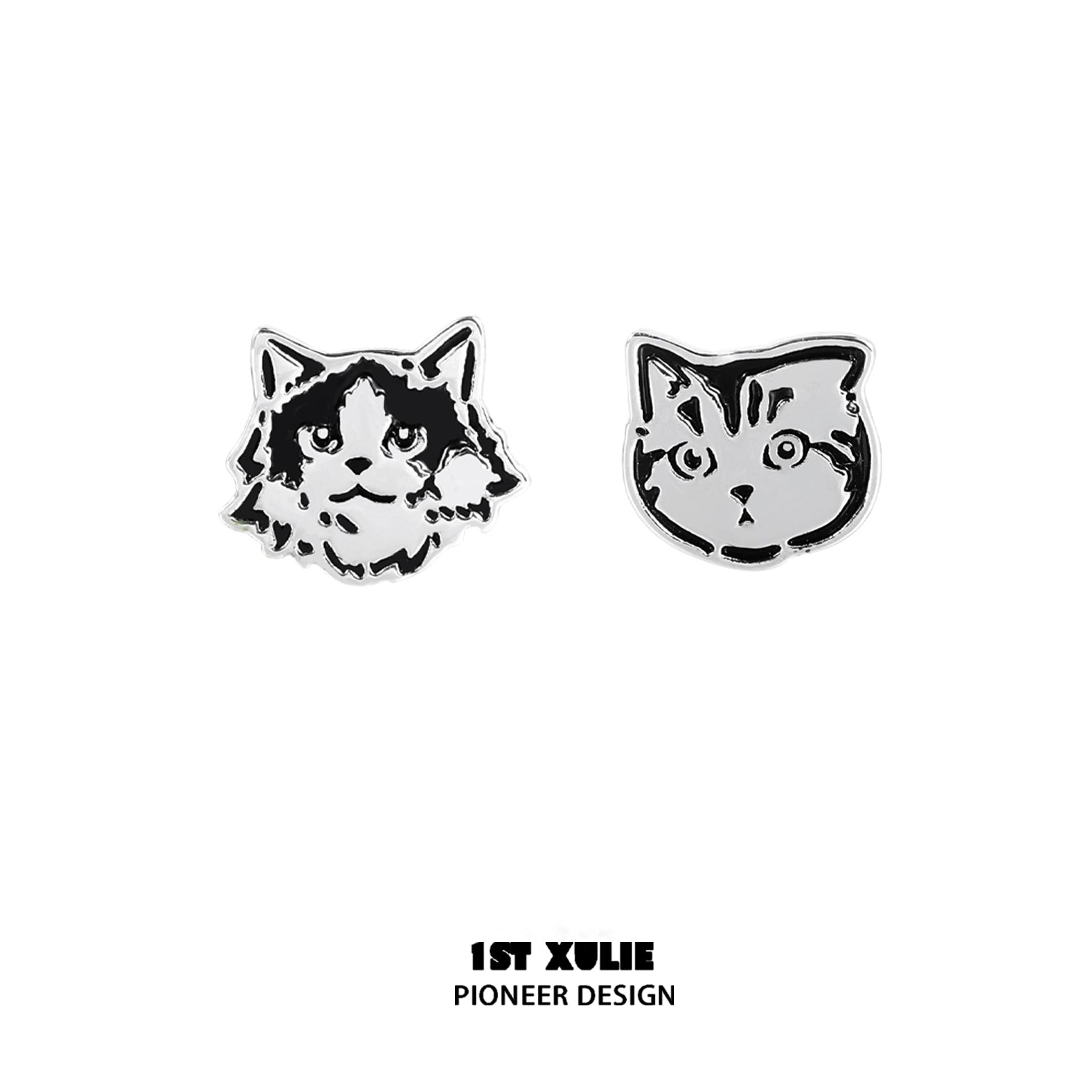 Stylish street art cat earrings featuring two unique cat designs in black and silver