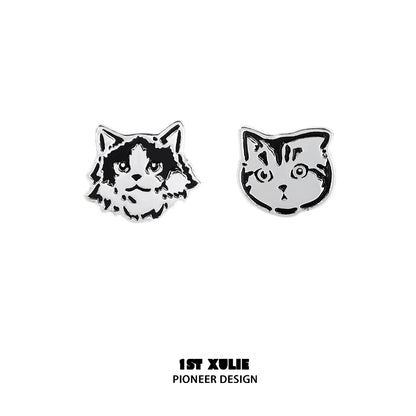 Stylish street art cat earrings featuring two unique cat designs in black and silver