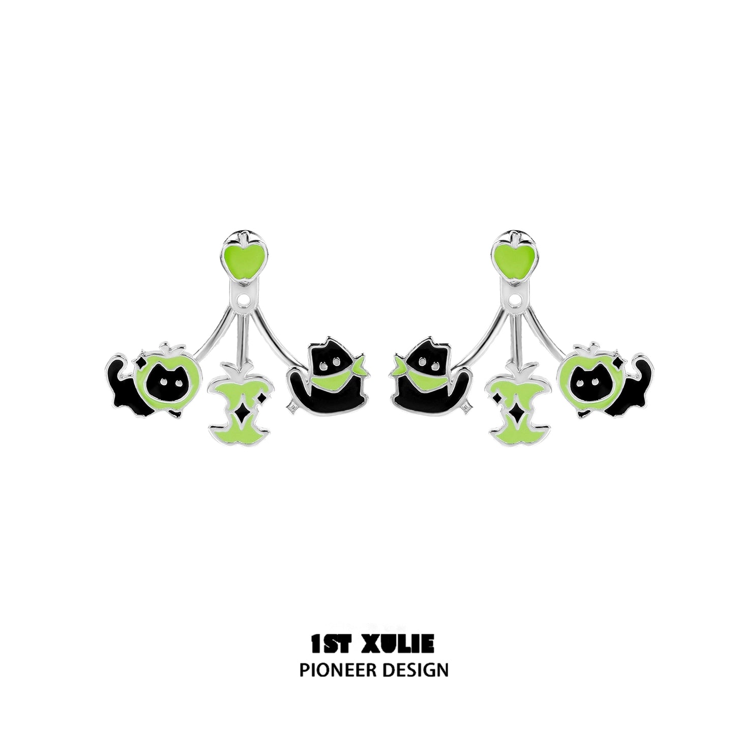 Sweet apple pet removable earrings featuring playful black cats and green apple accents