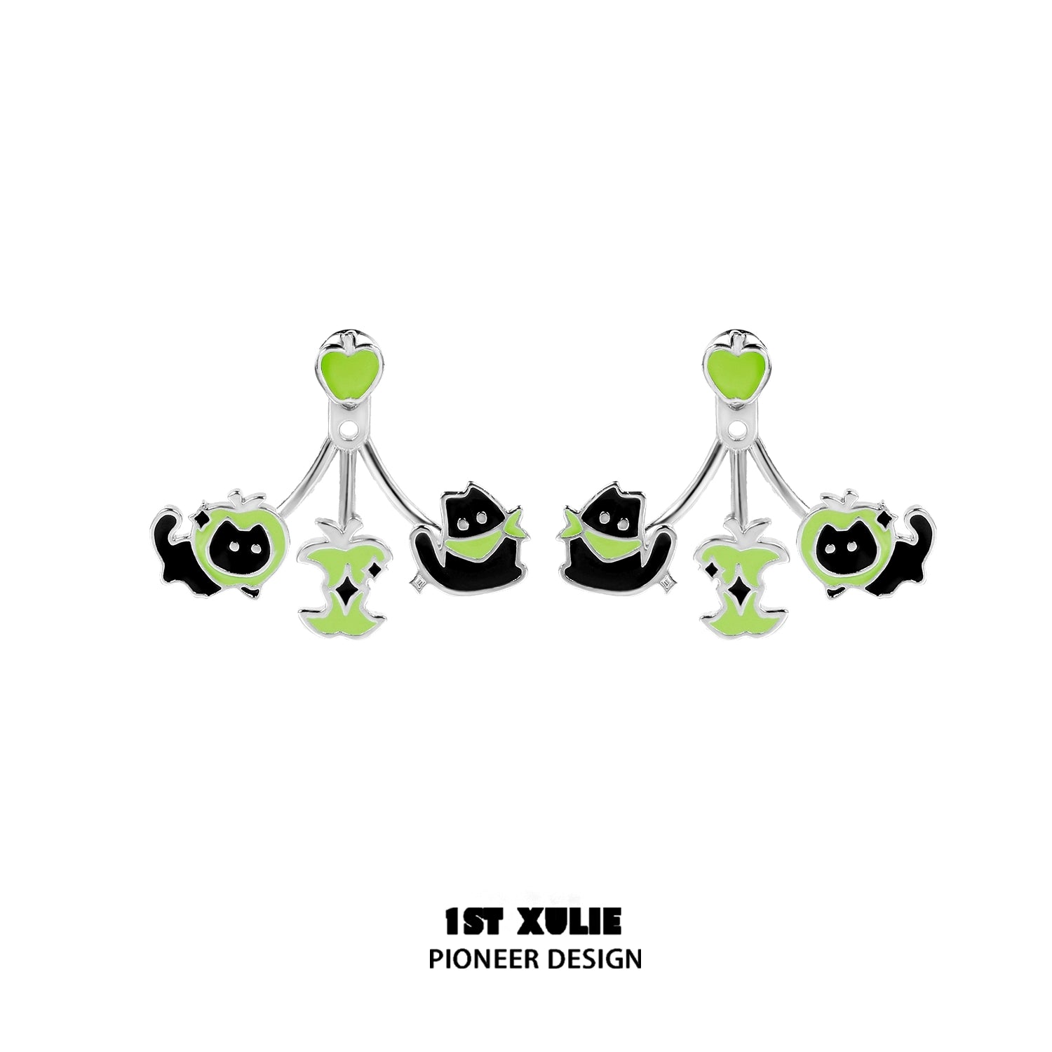 Sweet apple pet removable earrings featuring playful black cats and green apple accents