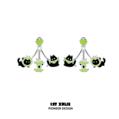 Sweet apple pet removable earrings featuring playful black cats and green apple accents