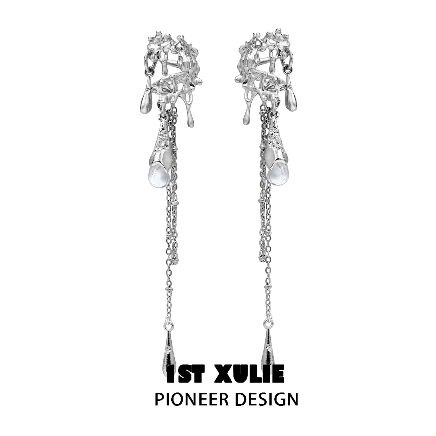 Silver 1STXULIE tidal wave ear cuffs featuring cascading design with pearls and chains