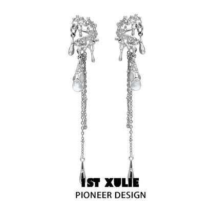 Silver 1STXULIE tidal wave ear cuffs featuring cascading design with pearls and chains
