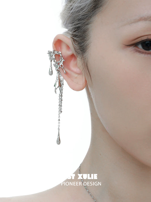 Elegant tidal wave ear cuffs with cascading silver chains and decorative droplets for a unique look
