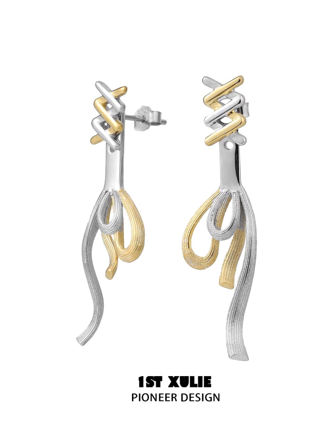 Twisted bow earrings in silver and gold with a modern design by 1ST XULIE