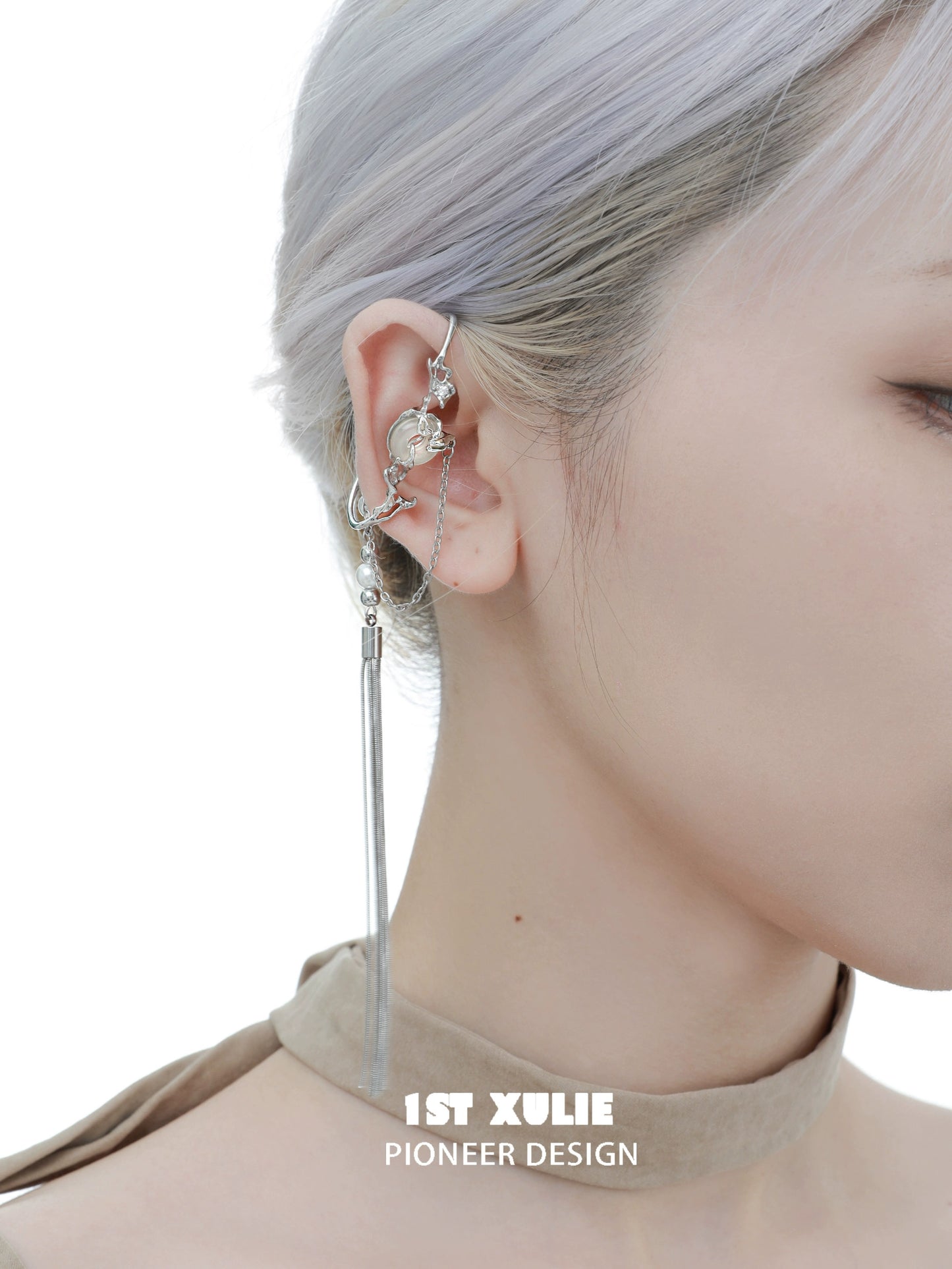 Stylish and modern unique tassel earrings designed by 1STXULIE, featuring an elegant silver finish