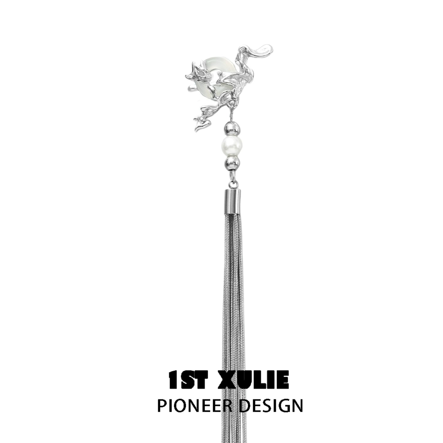 Elegant unique tassel earrings with a silver design and pearl accents by 1ST XULIE