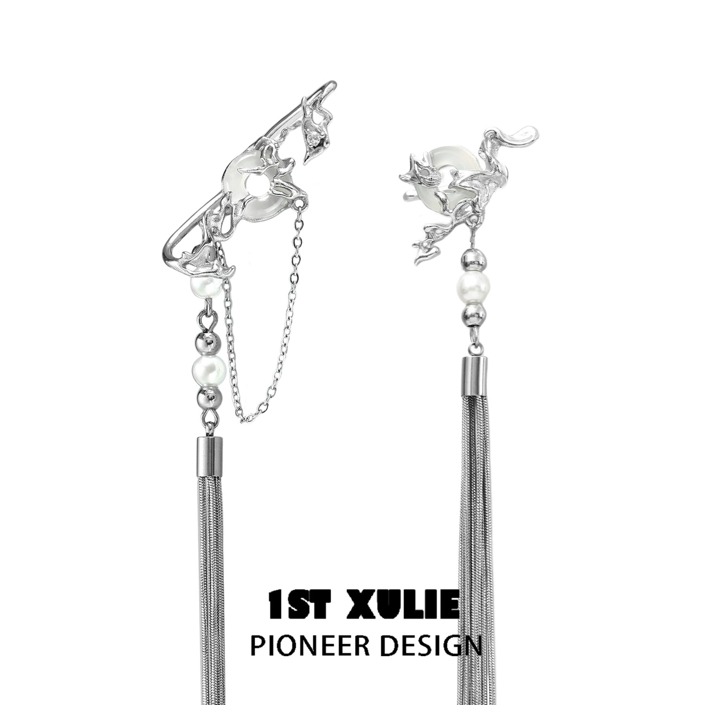 Elegant unique tassel earrings with pearl accents and intricate design by 1STXULIE