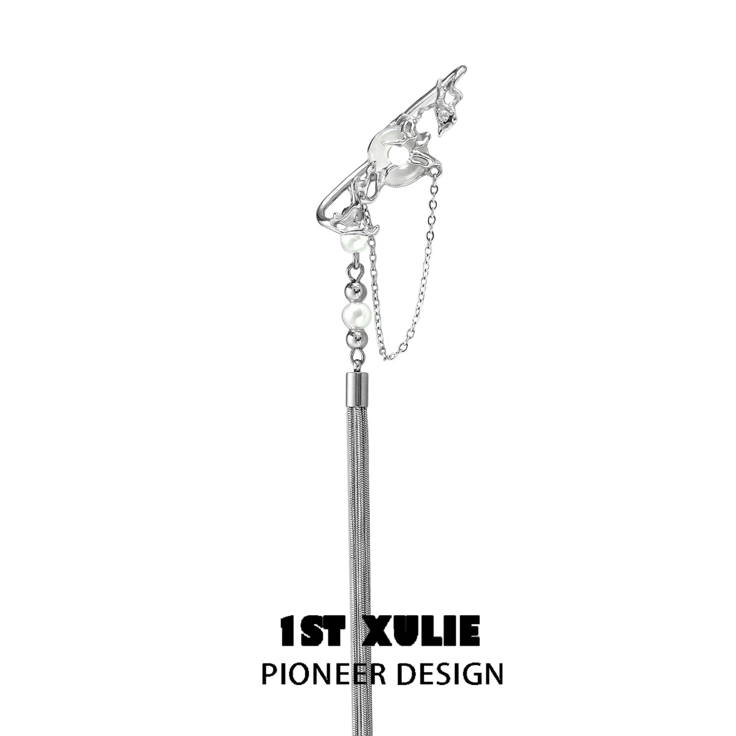 Unique tassel earrings by 1ST XULIE featuring a sleek design with pearls and chains
