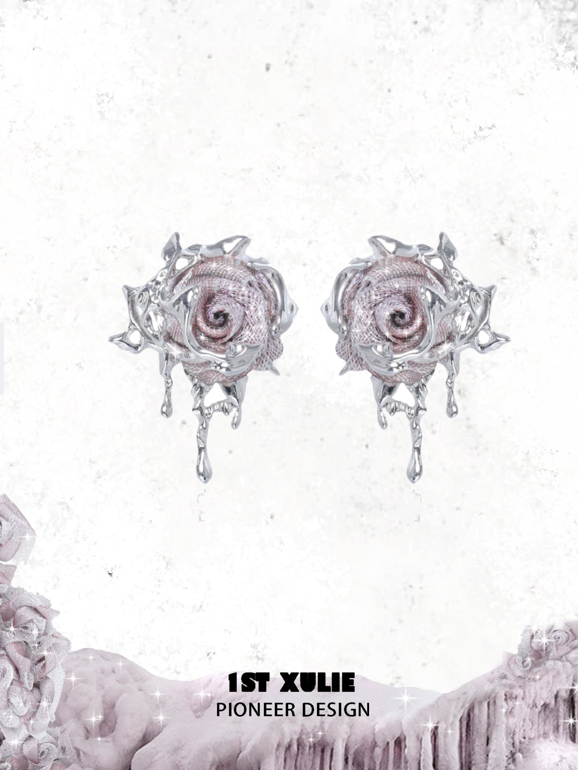 Velvet rose stud earrings with intricate silver detailing and sparkling accents
